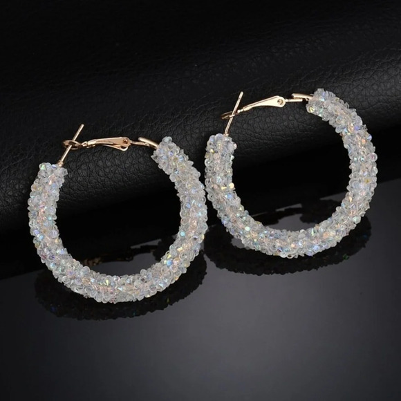White Iris Gold Crystal Hoop Earrings - Picture 1 of 2